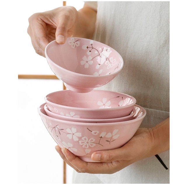 Bộ bát đĩa lẻ gốm Nhật màu hồng hoạ tiết hoa anh đào
