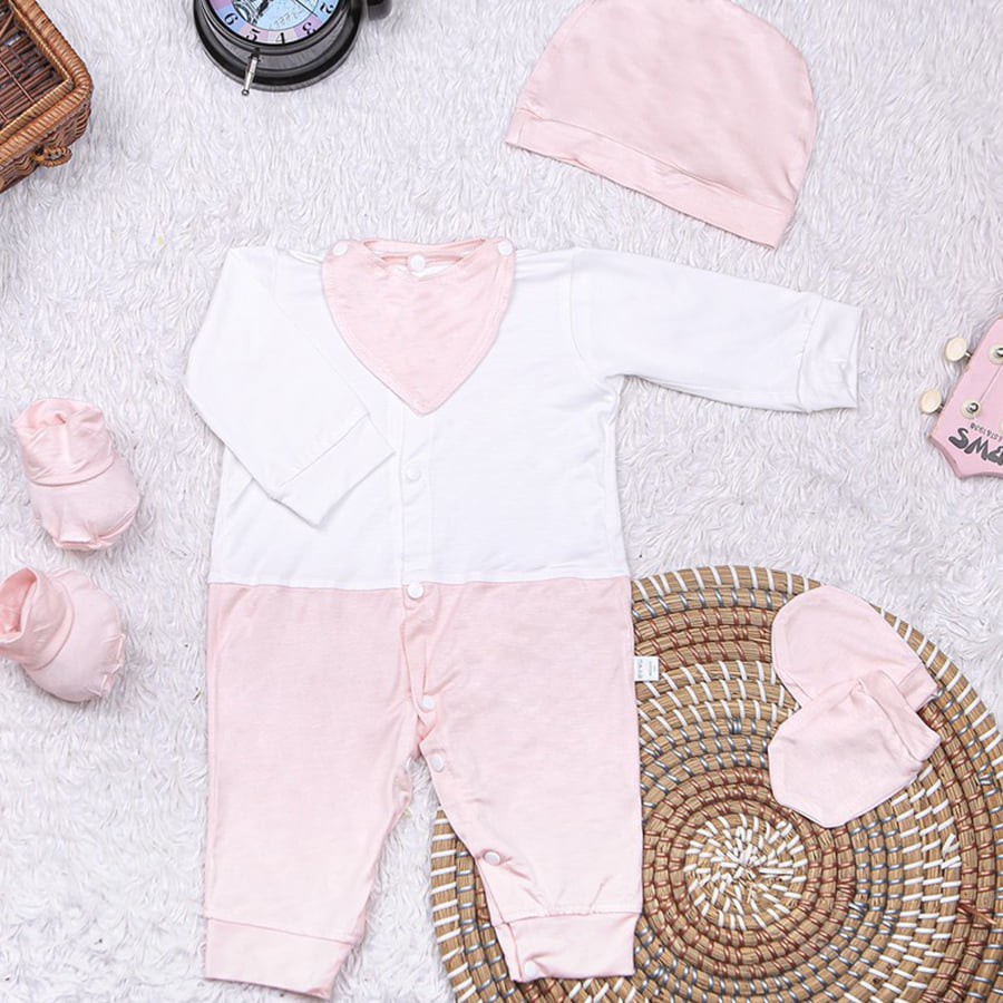 Body cho bé liền thân dài tay 5 món kèm mũ, yếm, set bao tay, chân - Little Bear