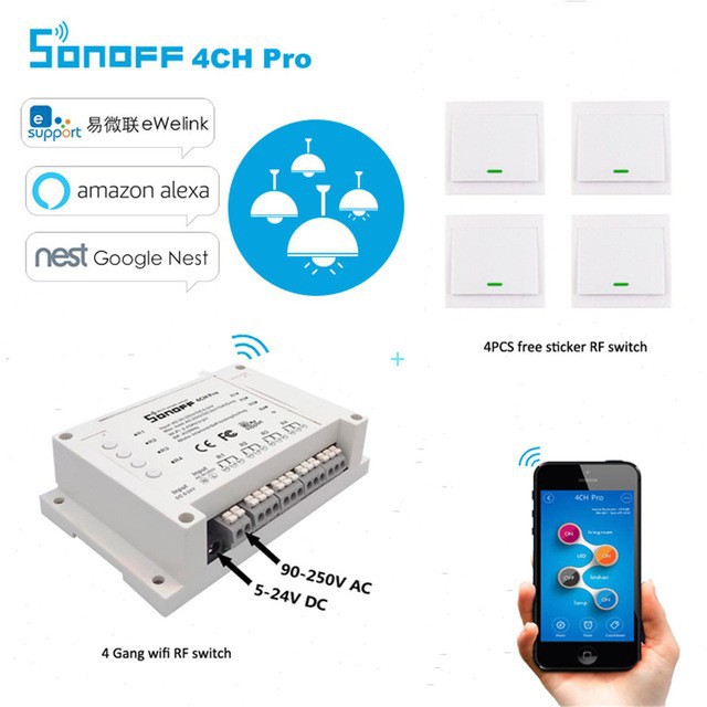 Sonoff 4CH Pro - Công Tắc Wifi 4 Kênh Điều Khiển Từ Xa Qua Điện Thoại Thông Minh