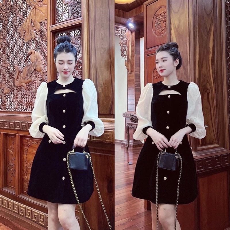 Váy ren cổ cúc ngọc màu đen, váy nhung tay tơ đính nơ đen cổ tròn