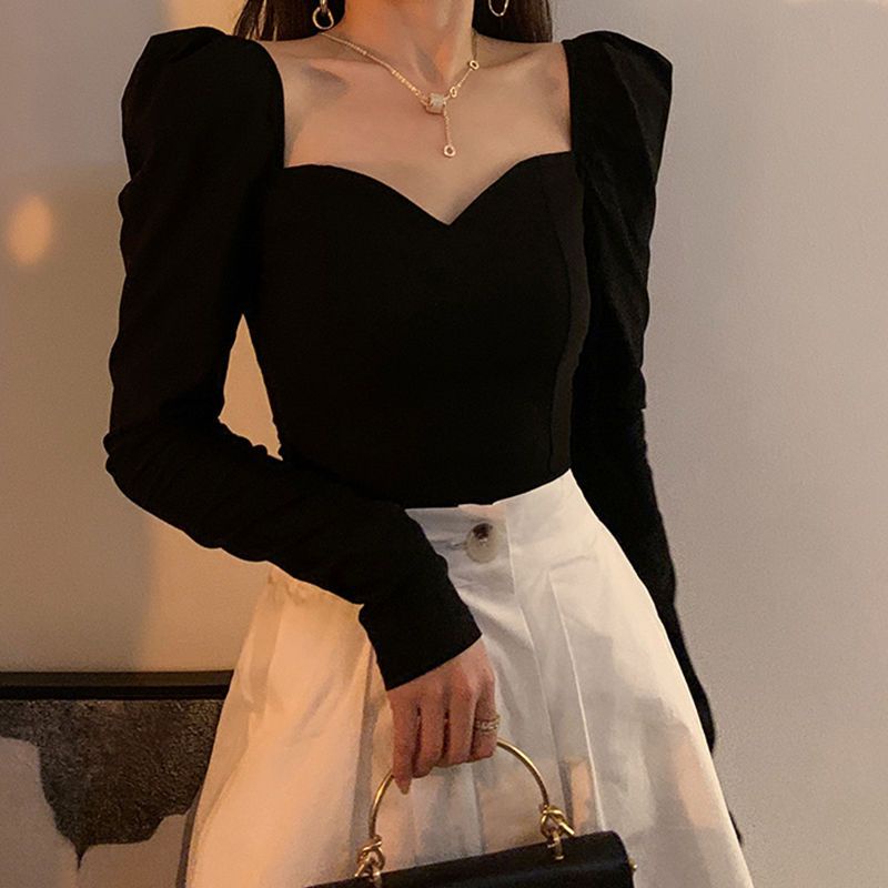 Áo Thun Tay Dài Phồng Cổ Vuông Dáng Ôm Thời Trang Retro Thanh Lịch Quyến Rũ Cho Nữ