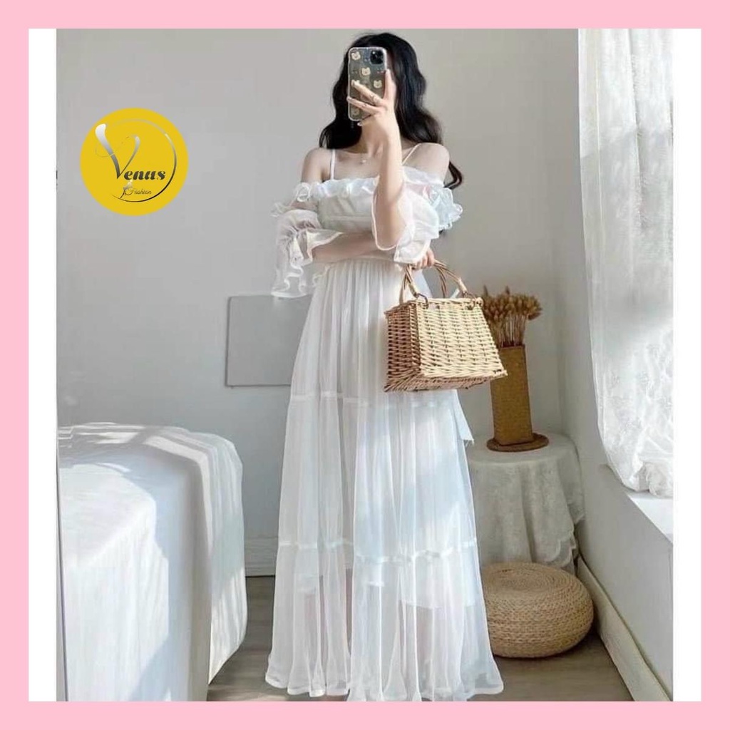 Váy 2 dây trễ vai tay bồng nữ dáng dài đầm maxi trắng tiểu thư sang chảnh Vintage đi biển dự tiệc đẹp - VENUS