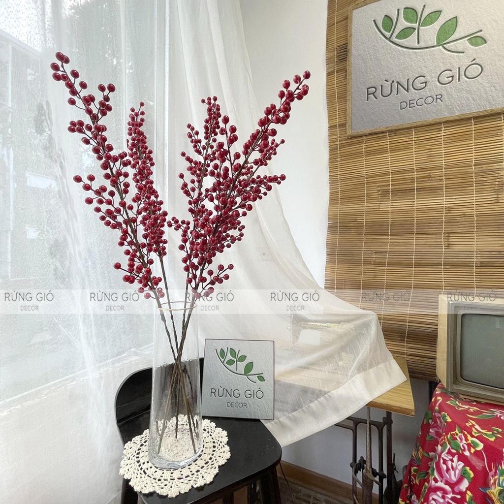 Cành ĐÀO ĐÔNG ĐỎ 12 nhánh dài 90cm (ẢNH THẬT - HÀNG ĐẸP), giá bán cho 1 cành, Cherry đỏ nhân tạo trang trí decor
