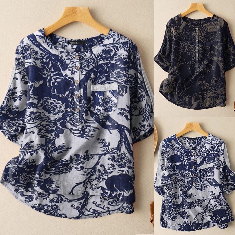 Áo kiểu Zanzea tay lửng cổ tròn in họa tiết thời trang cho nữ