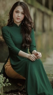 Áo dài lụa Nhật xanh rêu kèm quần