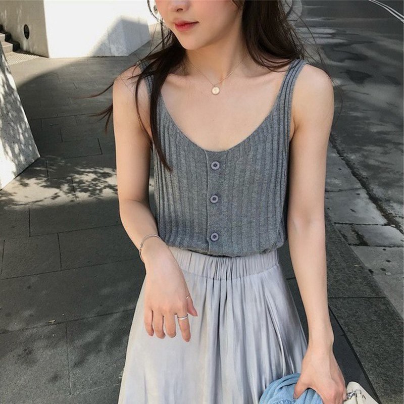 Áo Tank Top dệt kim phối nút nữ tính