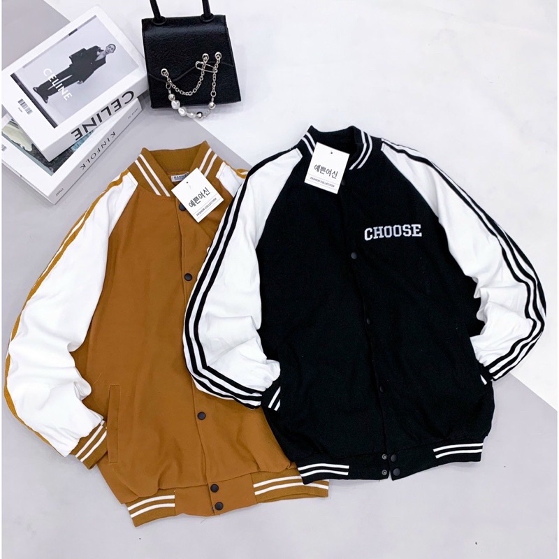 Áo khoác bóng chày bomber kaki da lộn 2 lớp in choose unisex ulzzang nam nữ
