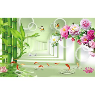 Tranh dán tường Tranh dán tường 3d hiện đại, tranh phong thủy hoa trúc và đàn cá thanh bình (tích hợp sẵn keo)