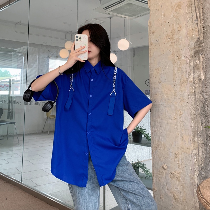 SUXI Áo Sơ Mi Tay Ngắn Dáng Rộng Màu Sắc Đơn Giản Thời Trang Mùa Hè Cho Nam Và Nữ