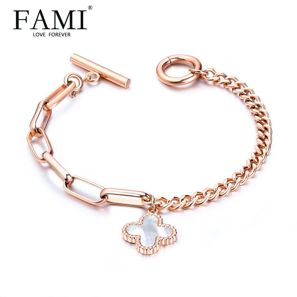 Vòng tay thép titan mạ vàng hồng 18K hình cỏ bốn lá thời trang cổ điển