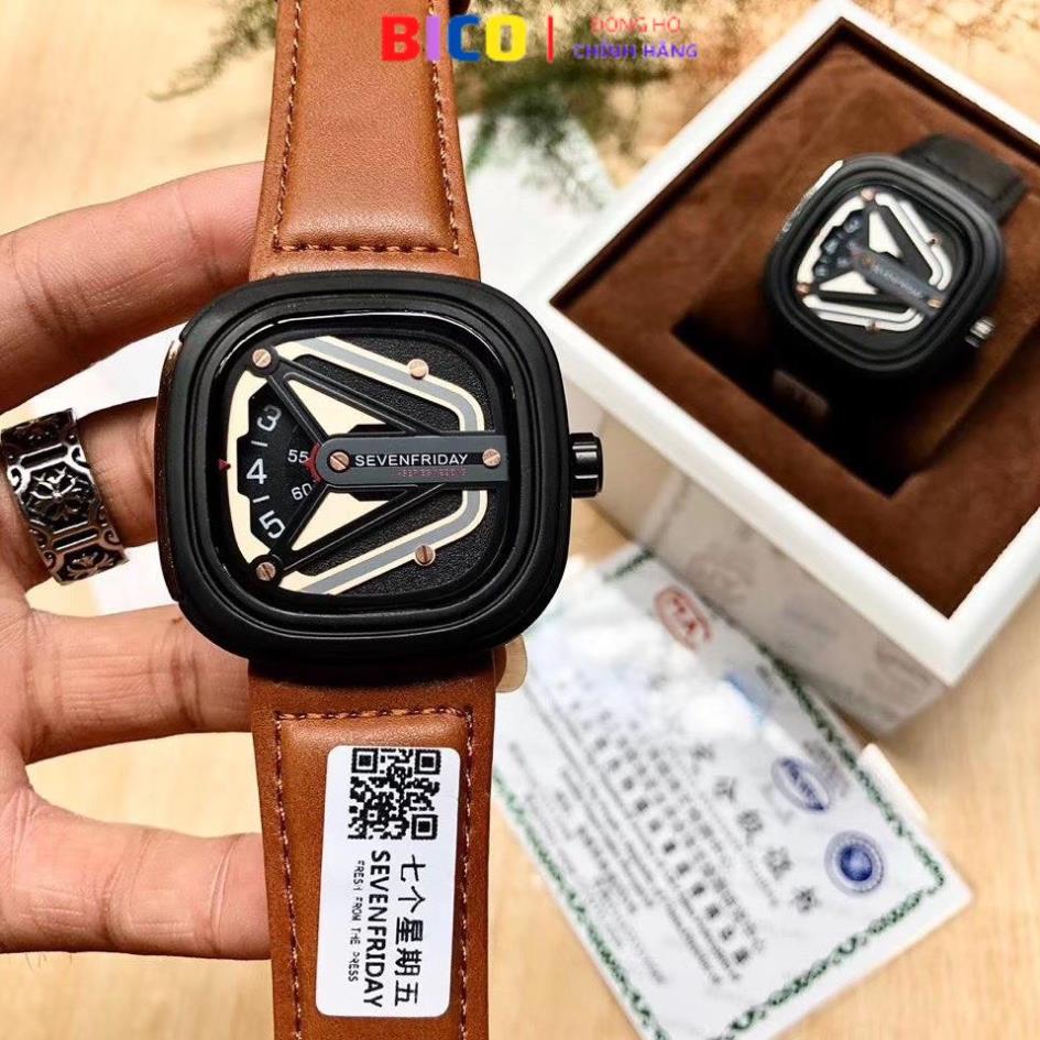 Đồng hồ nam SEVENFRIDAY chính hãng đẹp cao cấp, đồng hồ nam dây da mặt vuông sang trọng lịch lãm, BH 24 tháng mã A18