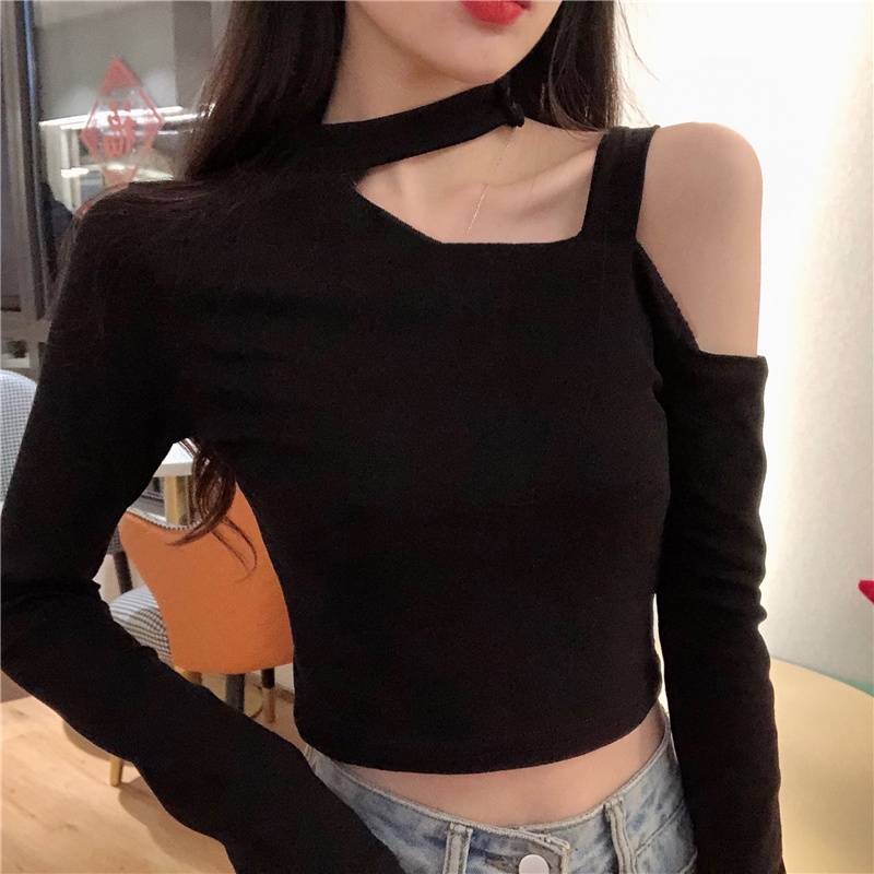 Áo thun SUXI tay dài trễ vai màu đen quyến rũ thời trang mùa thu cho nữ