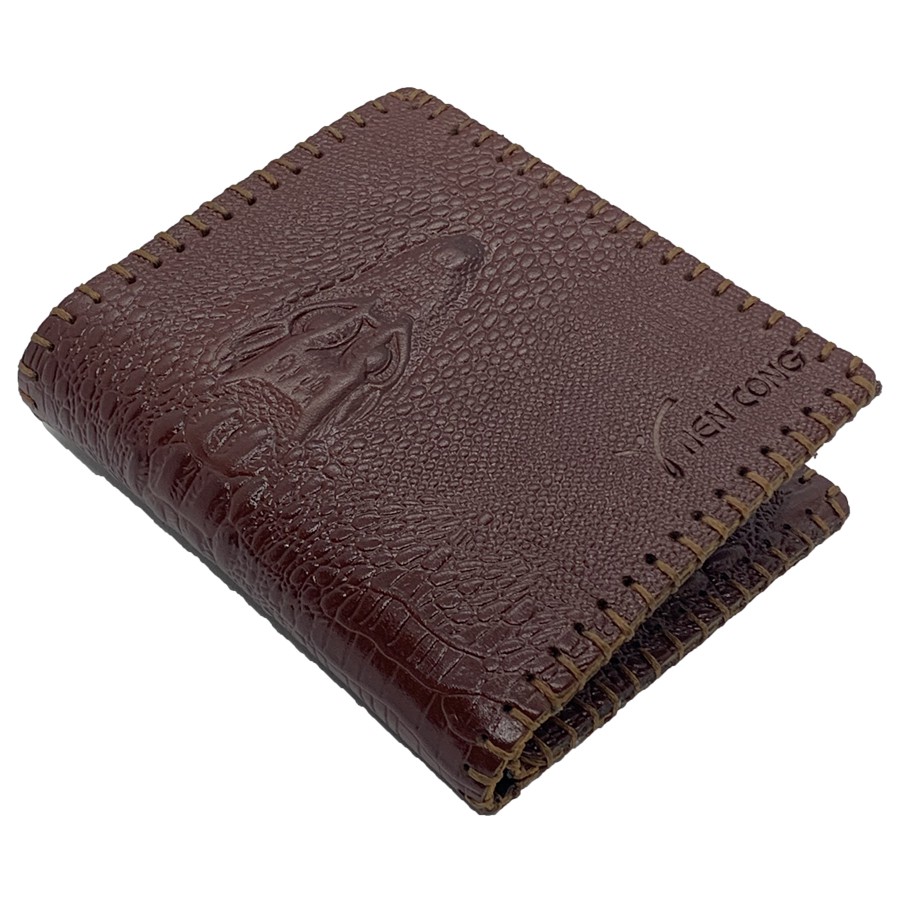 Ví Nam Đứng Da Bò Dập Vân Cá Sấu May Viền Tiến Công Màu Nâu - TCN1038