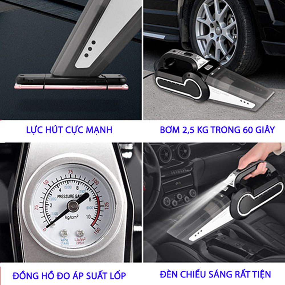 Máy hút bụi ô tô 4 chức năng hút bụi, bơm lốp, đèn chiếu sáng, đo áp suất lốp