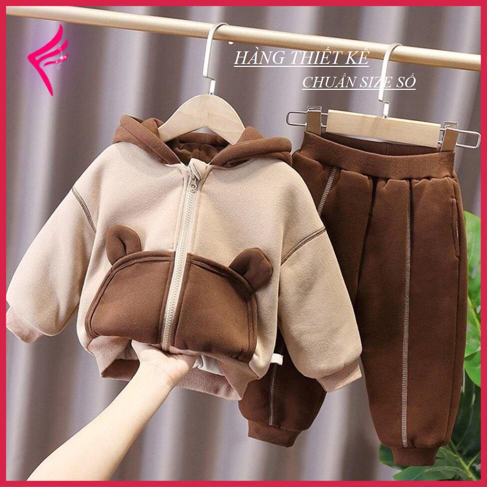 Bộ Áo Khoác Quần Nỉ Thu Đông Cho Bé, Bộ Nỉ Bông Tai Gấu Cao Cấp Cho Bé Trai Bé Gái Từ 6-28kg Hàng Xuất