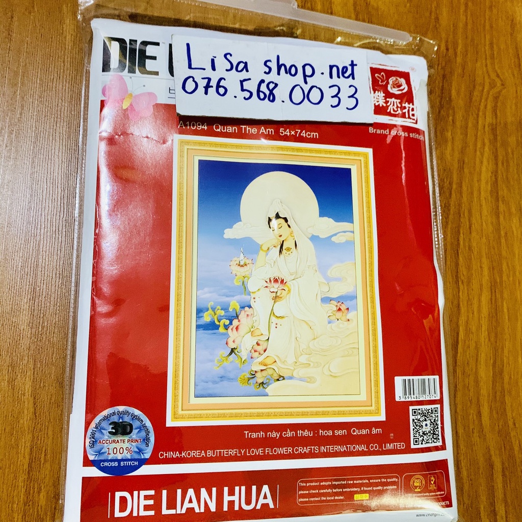 Tranh thêu chữ thập PHẬT QUAN THỂ ÂM BỒ TÁT 54x74cm chưa thêu a1094