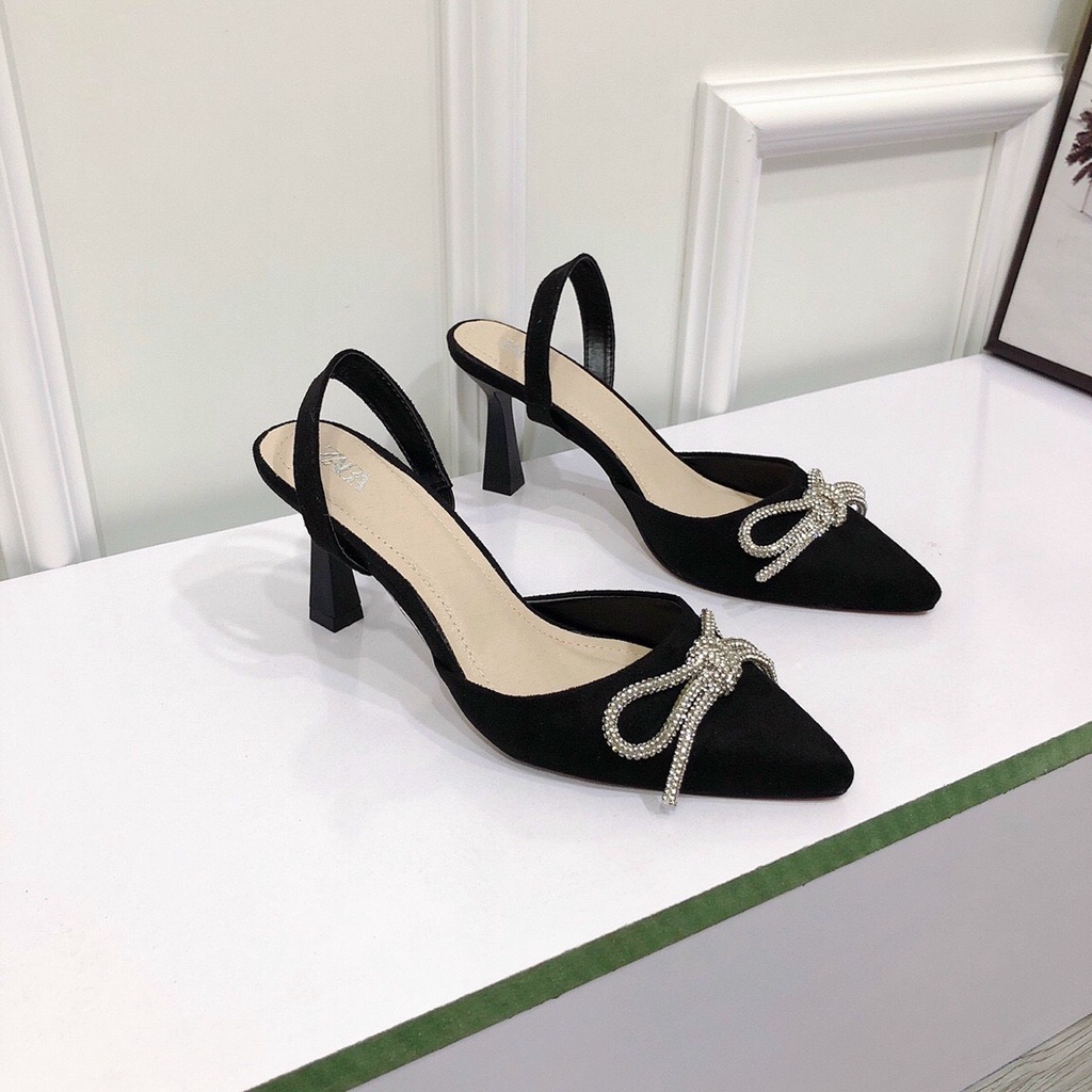 Sandal Cao Gót Nữ 7p Mũi Nơ Xoàn Đá [ Hình Thật ] Chất Da Lộn Chuẩn Đẹp - Sục Nơ Quai Hậu Gót Nhọn Chị Chảnh Store