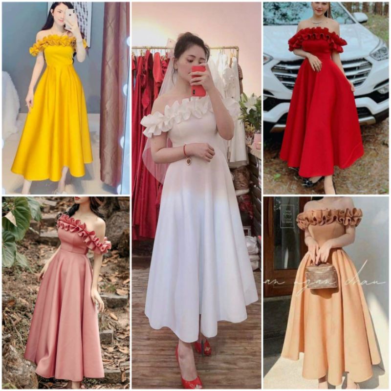 Đầm váy trắng xoè phồng dự tiệc, cô dâu đi bàn, trễ vai phối viền bèo, kèm hình thật sang chảnh