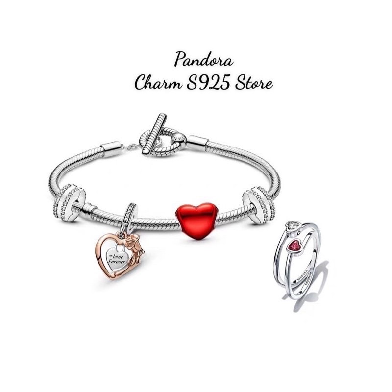 combo bộ vòng tay pan Ale khoá T mix 4 hạt charm tim hoa hồng bạc s925