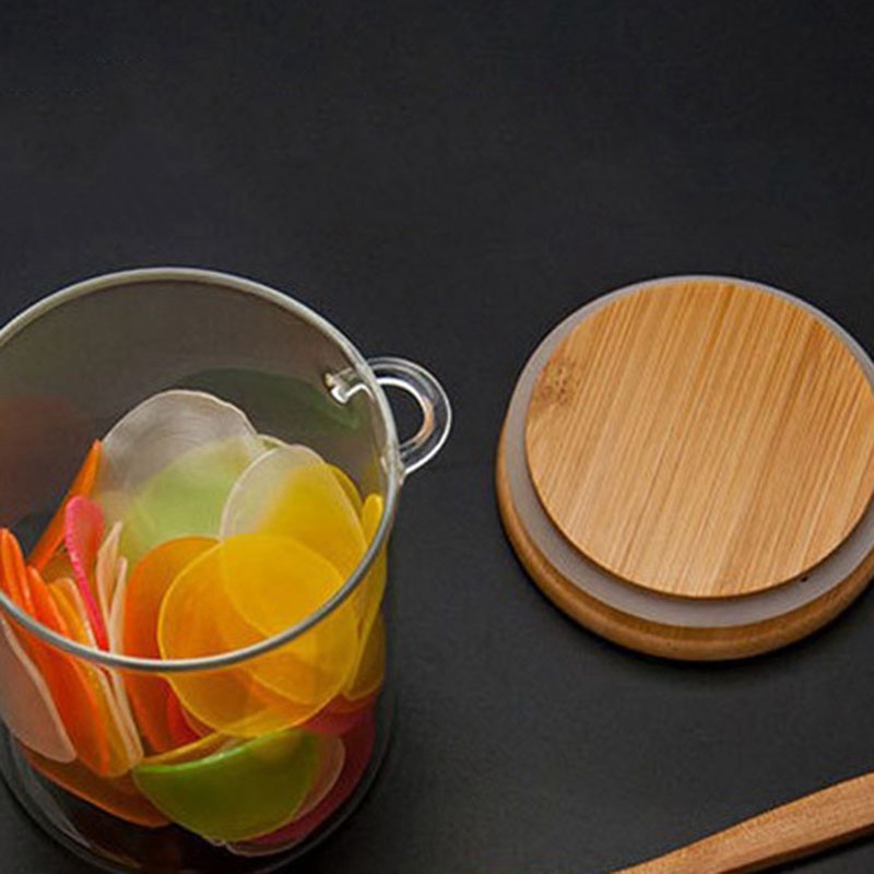 Set 2 Hũ Đựng Đường Có Nắp Tre Và Muỗng Bằng Thủy Tinh Trong Suốt Cho Nhà Bếp