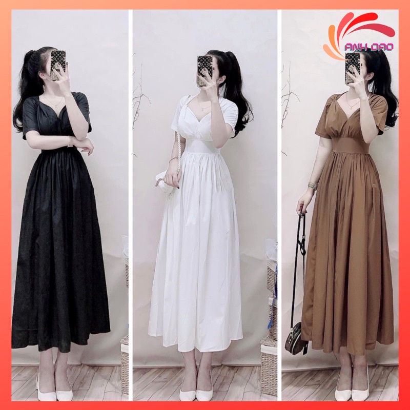Váy đầm dự tiệc sang trọng midi Vintage vai xoắn bo eo chất đũi màu trắng đen nâu V188 freesize AĐ BOUTIQUE