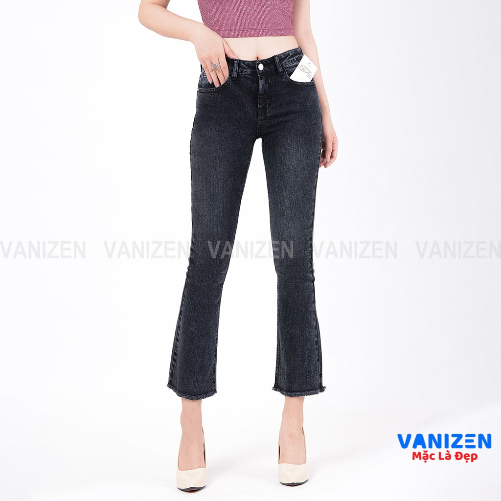 Quần jean nữ ống loe đẹp lưng cao cạp cao trơn xám khói hàng hiệu cao cấp mã 412 VANIZEN