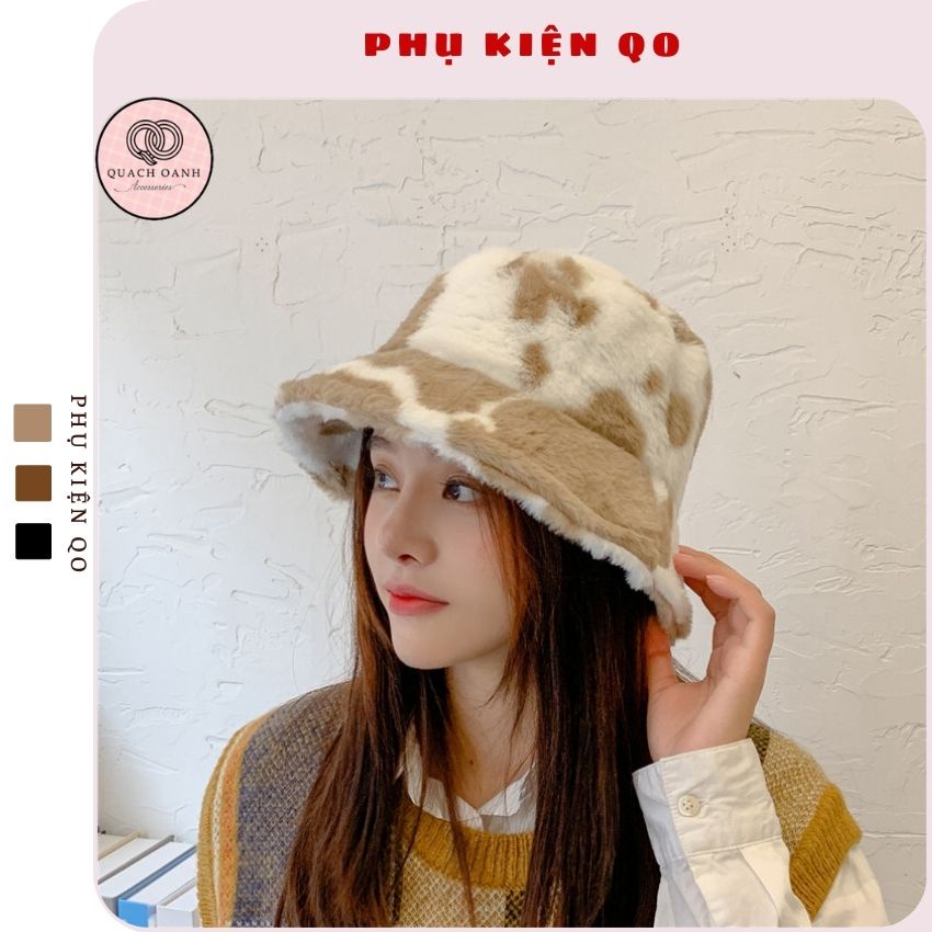 Mũ lông bucket họa tiết bò sữa giữ ấm - MU10