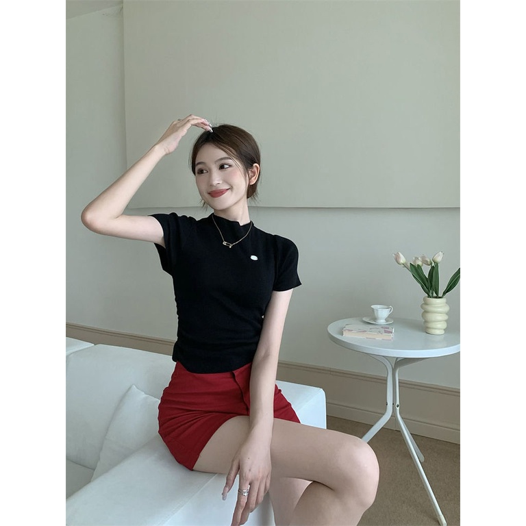 Áo Ngắn Tay Cổ Lọ Ôm Dáng Xinh Xắn Dành Cho Nữ