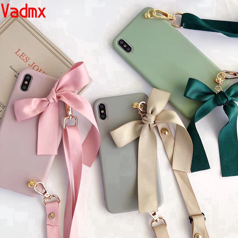 Cute Bow Tie Bag Silicon Phone Case For Samsung Galaxy A10 M30S M31 M30 M20 M10 A60 A40S S10 5G M40 A7 A9 J8 2018 A10E A20E Soft Simple Cover With Lanyard Strap