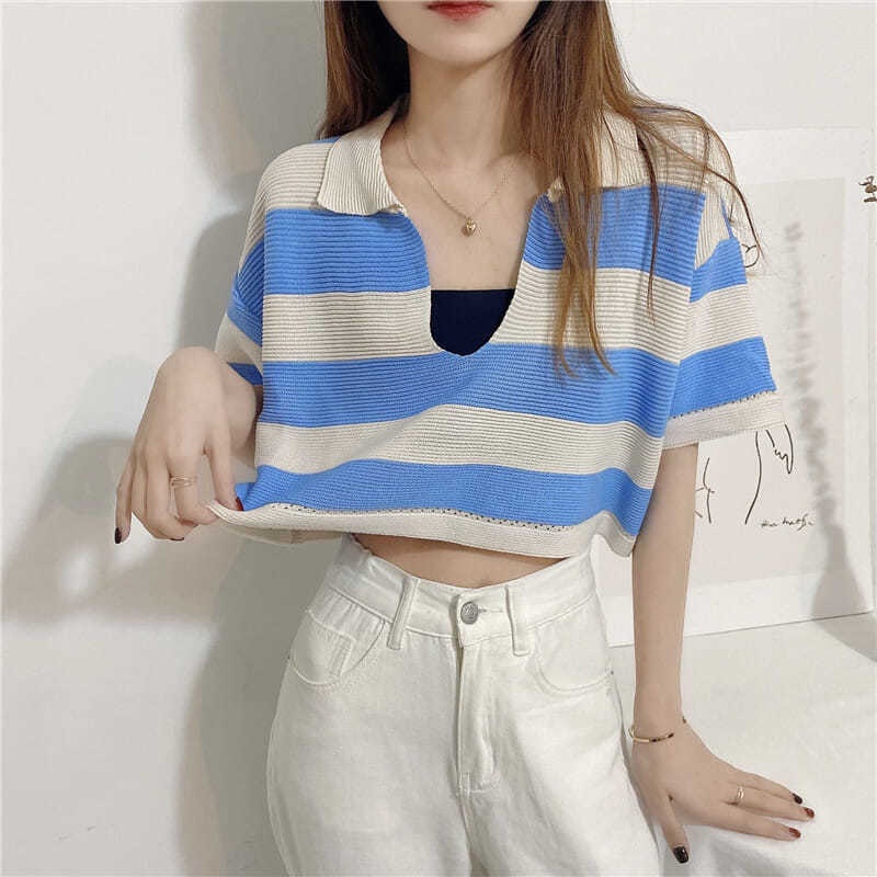 Áo Thun COZOK Cổ Chữ V Dáng Rộng Kẻ Sọc Ngang Trẻ Trung Hợp Thời Trang