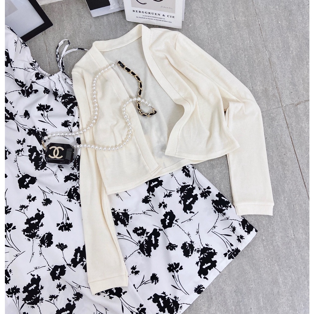 Set đầm midi hoa đen kèm khoác Rossy Fashion - SR195