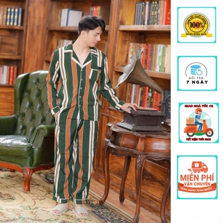 Đồ bộ pijama nam mặc nhà sọc xanh cam đồ ngủ lụa nam dài tay cao cấp DANGKHOI 90 qdtd009