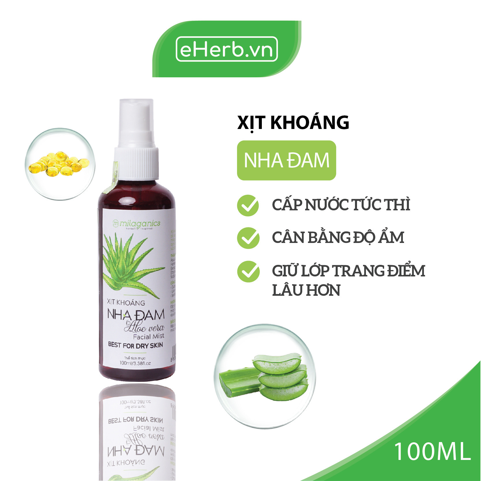 XỊT KHOÁNG NHA ĐAM CẤP NƯỚC TỨC THÌ, LÀM DỊU DA & CÂN BẰNG ĐỘ ẨM MILAGANICS 100ML (CHAI)