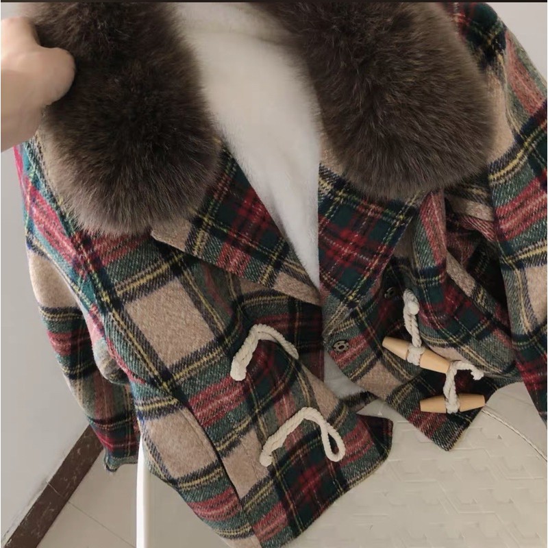 Áo khoác dạ kẻ cổ lông TQXK