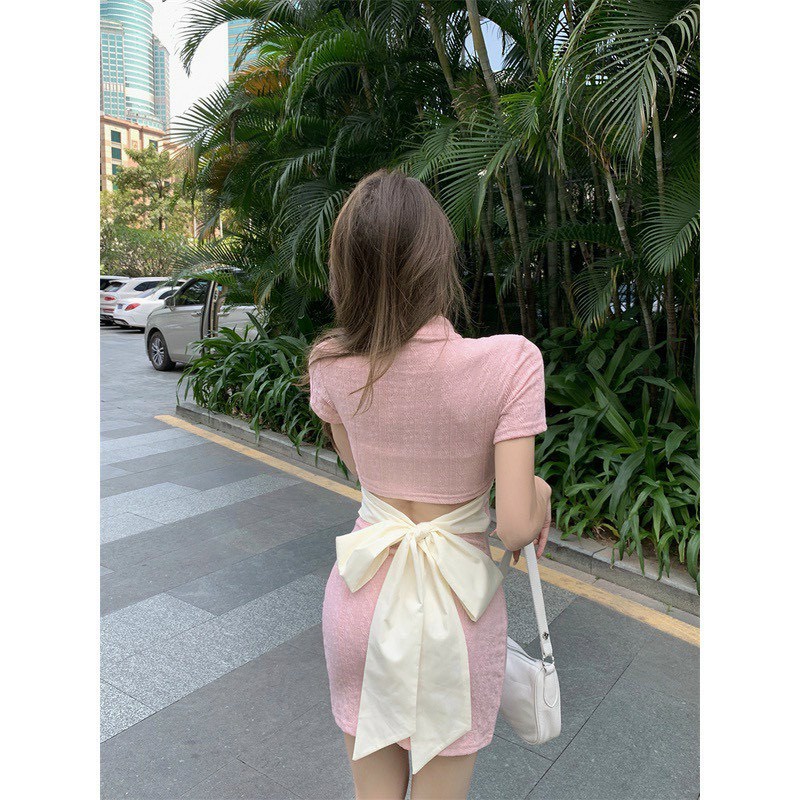 Đầm cổ tàu tay ngắn ôm body hở lưng nơ to cực hot , chất thun gân dày dặn mk