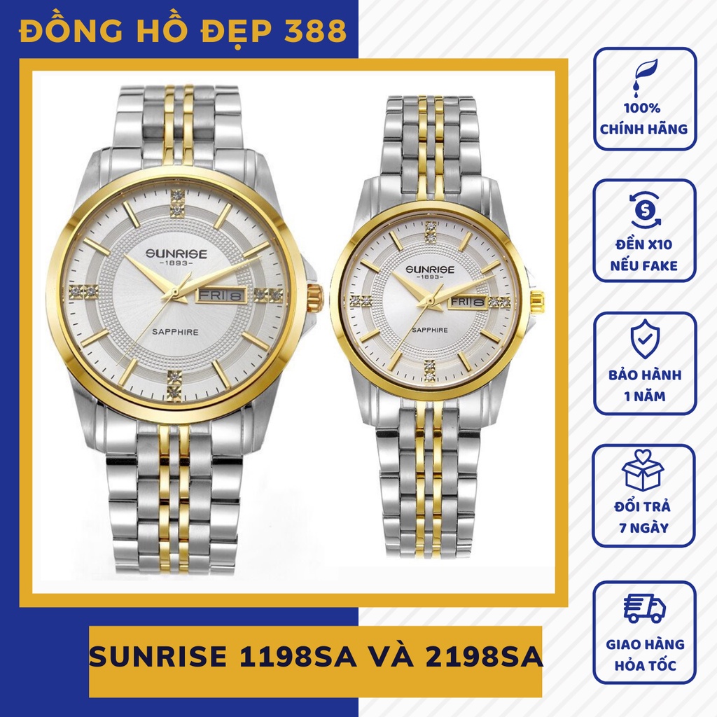 Đồng hồ nam nữ, đồng hồ đôi chính hãng Sunrise 1198SA và 2198SA kính sapphire chống xước, chống nước