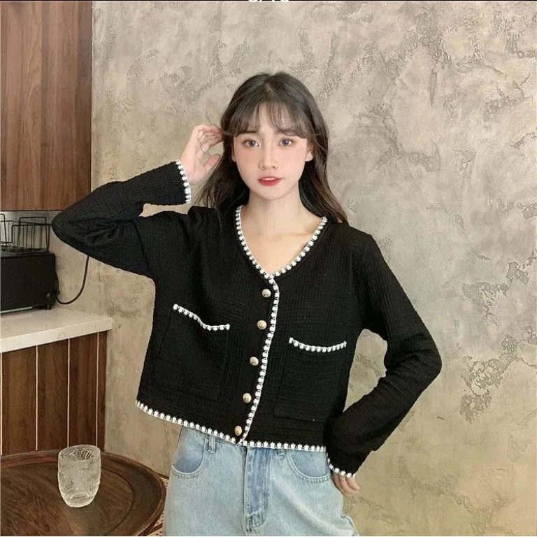 Áo cardigan dệt kim dáng rộng tay dài cổ V cho nữ