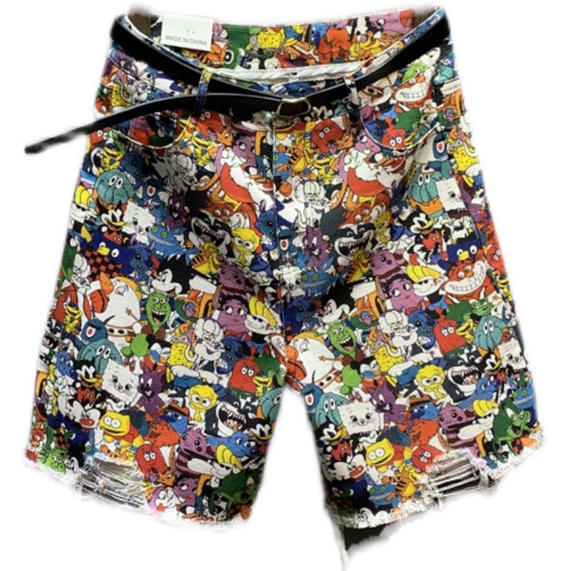Quần Short Jeans Lưng Cao Ống Rộng Họa Tiết Hoạt Hình Phong Cách Hàn Quốc Cho Nữ