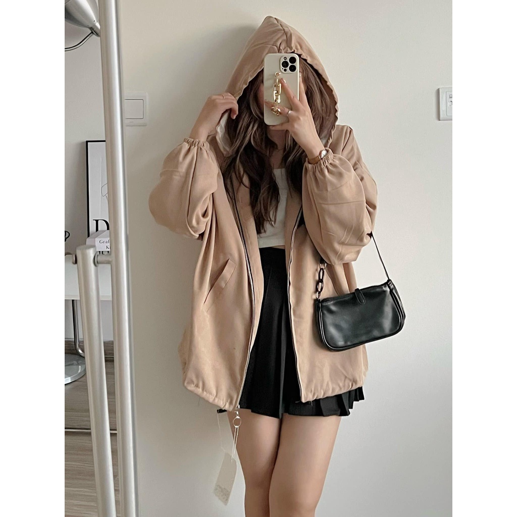 Áo khoác nhung nữ 2 lớp có mũ form rộng có túi trong nhiều màu