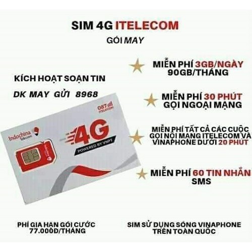 Sim 4G -  vinaphone - Itelecom CÓ GÓI 90gb/tháng + free gọi vina  giống sim vd89 - vd149 - v90