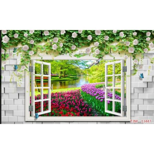 Tranh 3D tranh dán tường cửa sổ tường hoa