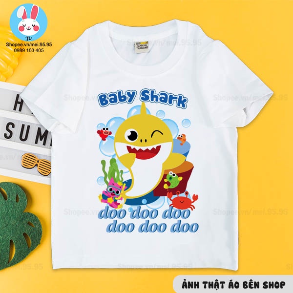 Áo thun baby shark cho bé trai và bé gái,áo trắng in hình baby shark siêu nét cute )