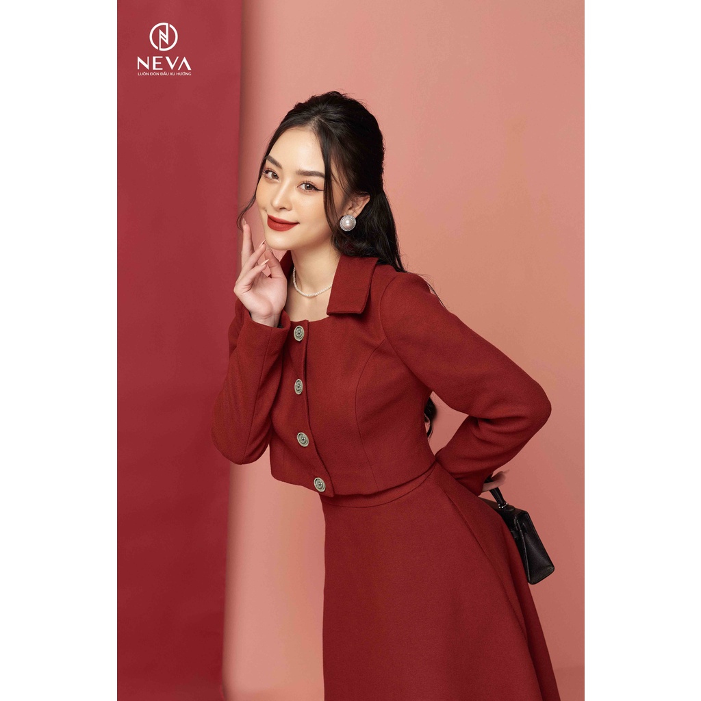 [Mã BMBAU300 giảm 7% tối đa 300K đơn 499K] Áo Khoác Dạ Nữ Dáng Lửng Cổ U Màu Đỏ 21F2W620436T012
