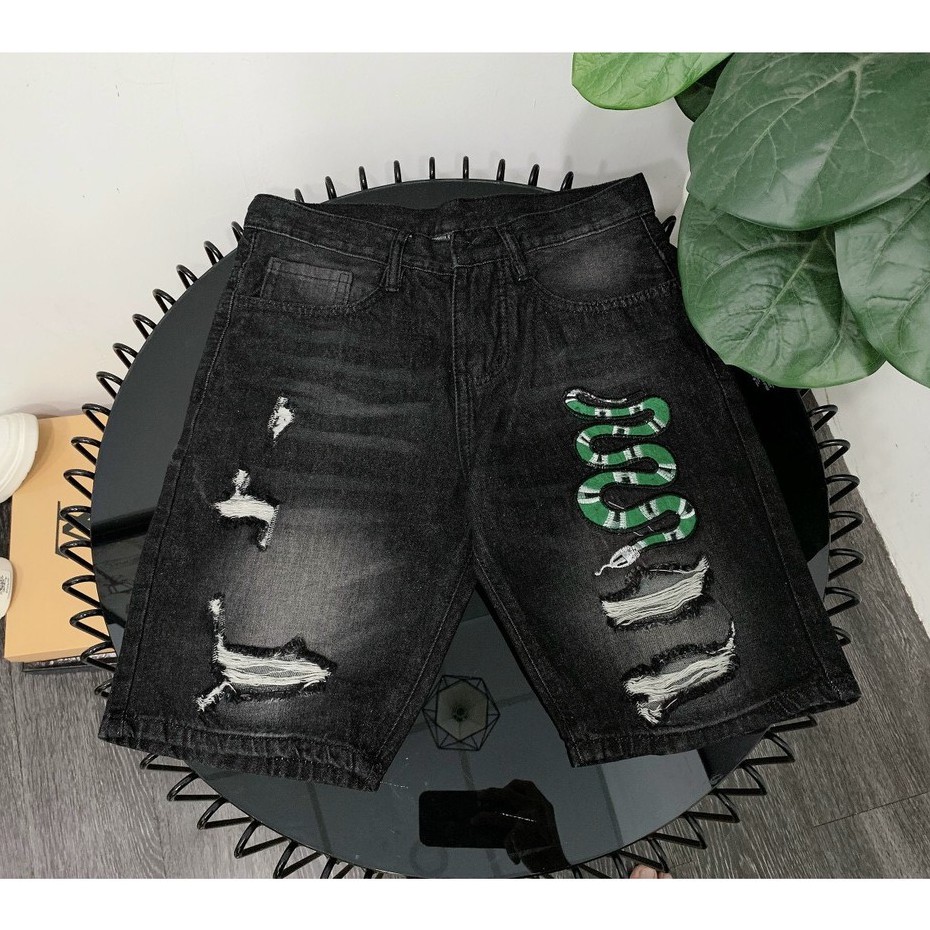 Quần short jean nam thêu rắn xanh độc lạ vải dày dặn co giãn bốn chiều cao cấp giá rẻ form regular 005