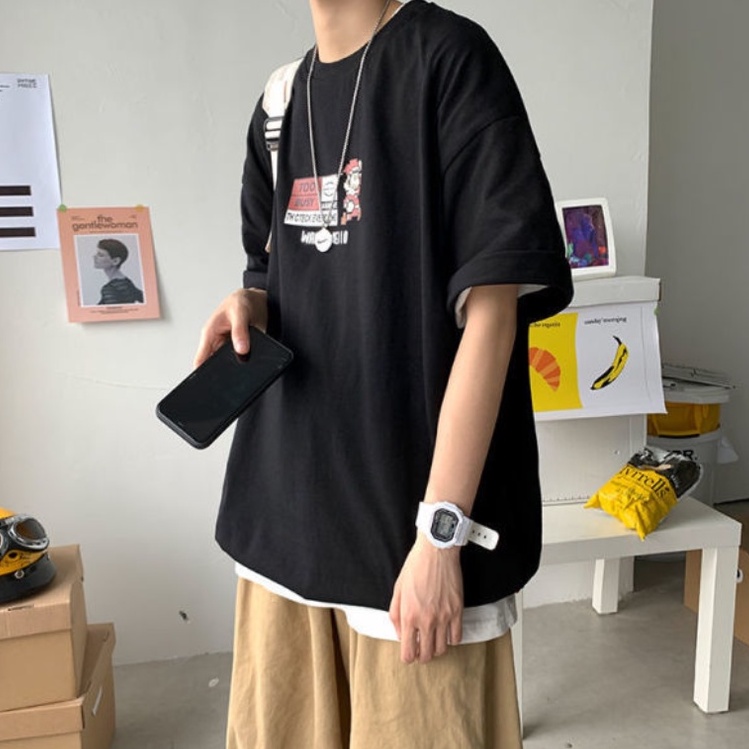Áo thun Unisex form rộng tay lỡ, Áo phông nam nữ cotton thấm hút, dày dặn mềm mịn họa tiết Mario