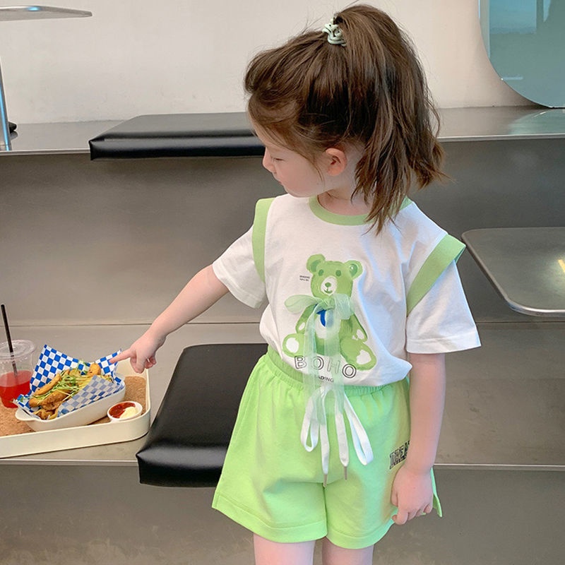 [Hàng Mới Về] Set Áo Thun Tay Ngắn Giả Hai Lớp Bằng Vải Cotton Thoải Mái Phong Cách Hàn Quốc Dành Cho Bé Gái