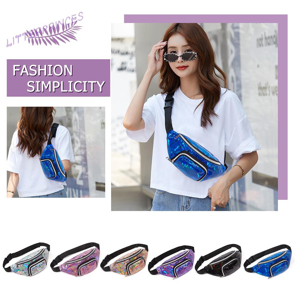 Litterprinces Fashion PU Laser Geometric Crossbody Bag Casual Women Purse Waist Packs