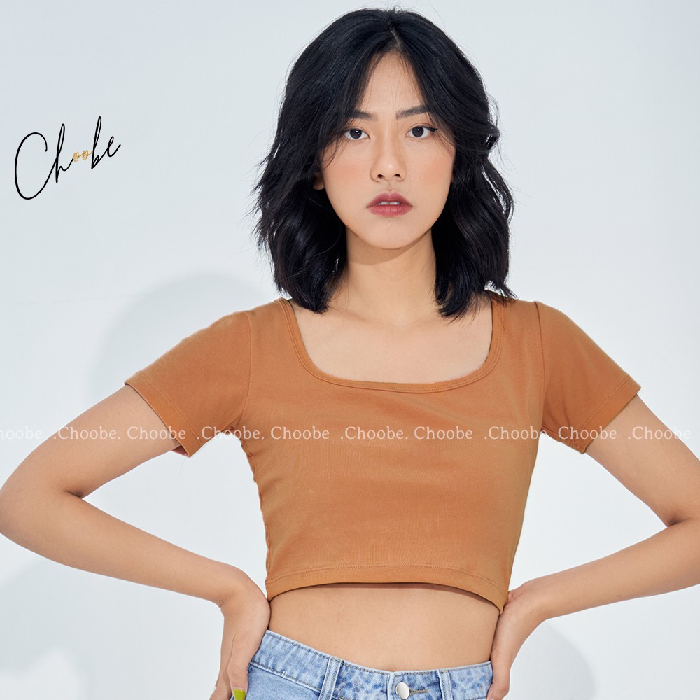 Áo croptop Choobe cổ vuông nữ thun ôm body tanktop 3 lỗ crt cộc tay kiểu màu đen trắng tím nâu hồng A27