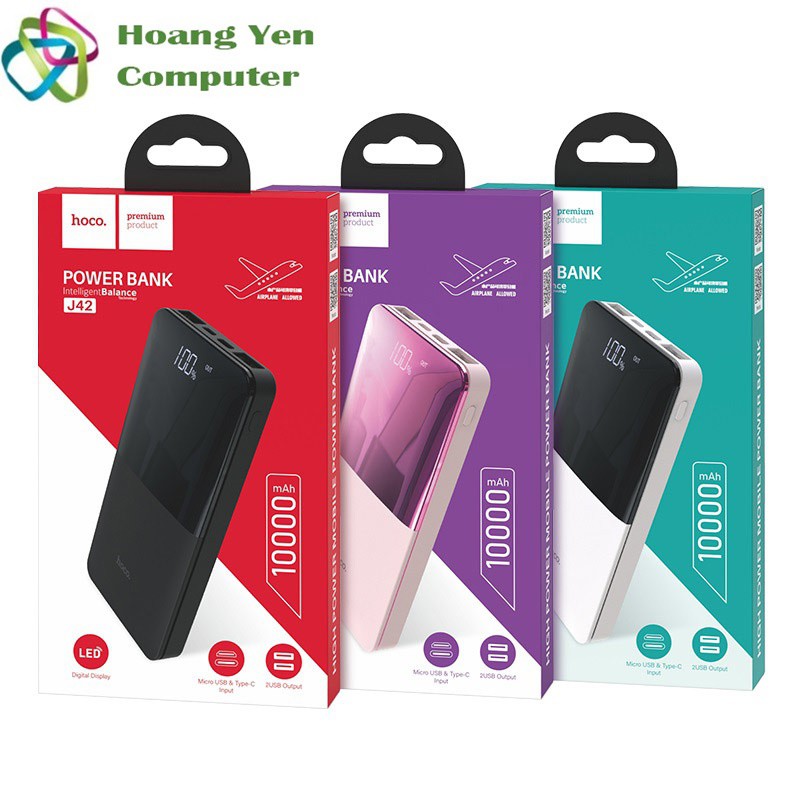 Sạc Dự Phòng Hoco J42 10000mAh Lõi Polymer 2 Cổng Sạc Vào, 2 Cổng Sạc Ra - BH 1 Năm - Hoàng Yến Computer