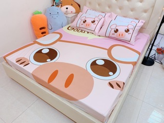 Bộ Ga Gối Cotton Poly 5D - Lợn Hồng